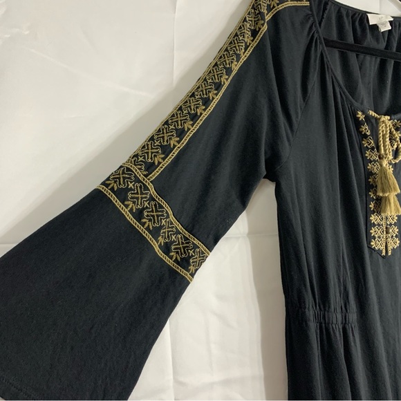 J. Jill Black Midi Boho Pheasant Dress Gold Embroidered Tassel Detail, size M - Picture 6 of 12